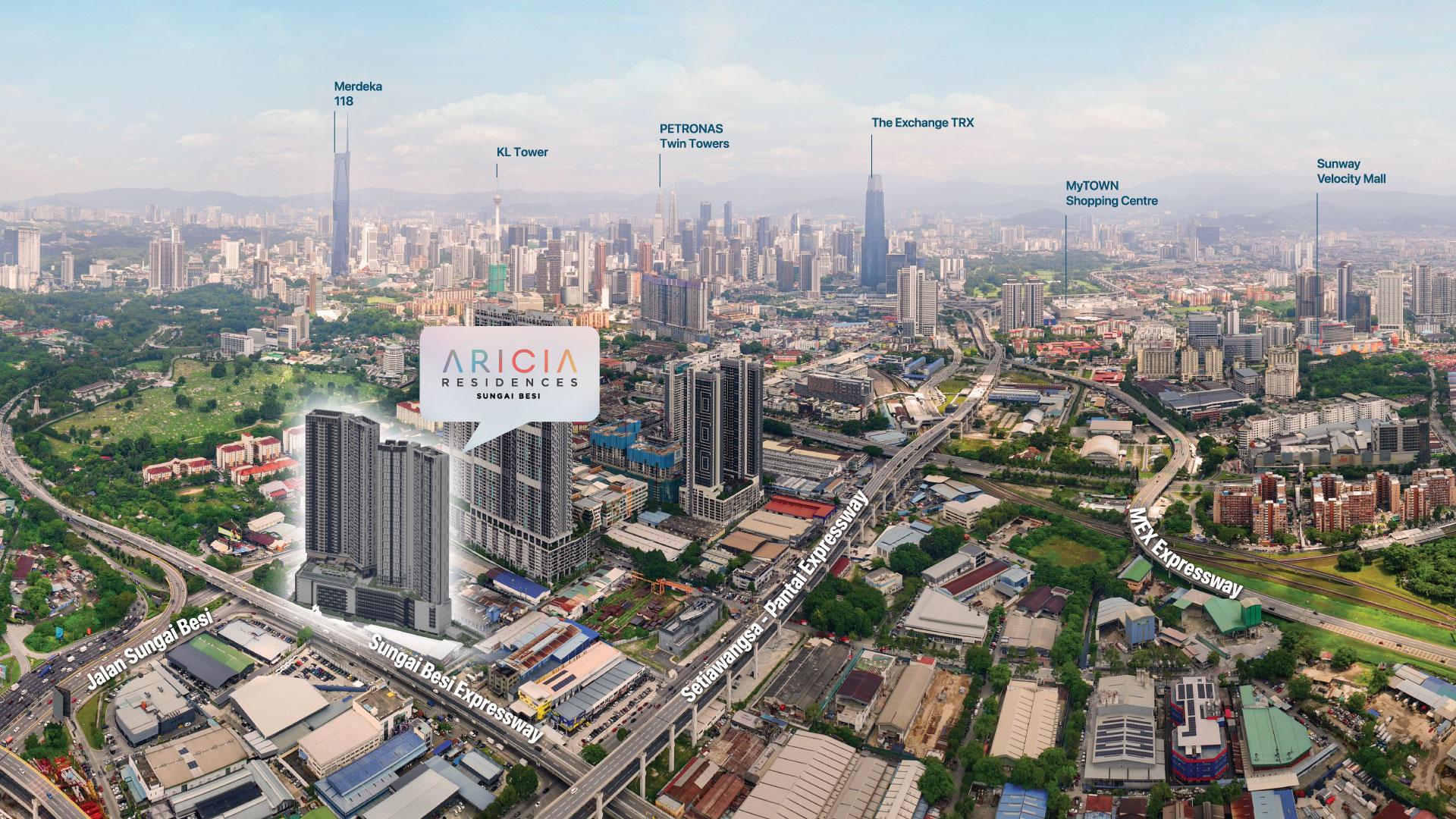 Aricia Residences Chan Sow Lin Aerial Location Map — proximity to Merdeka 118, KLCC, TRX, MyTOWN, Sunway Velocity, MEX Expressway, Sungai Besi Expressway