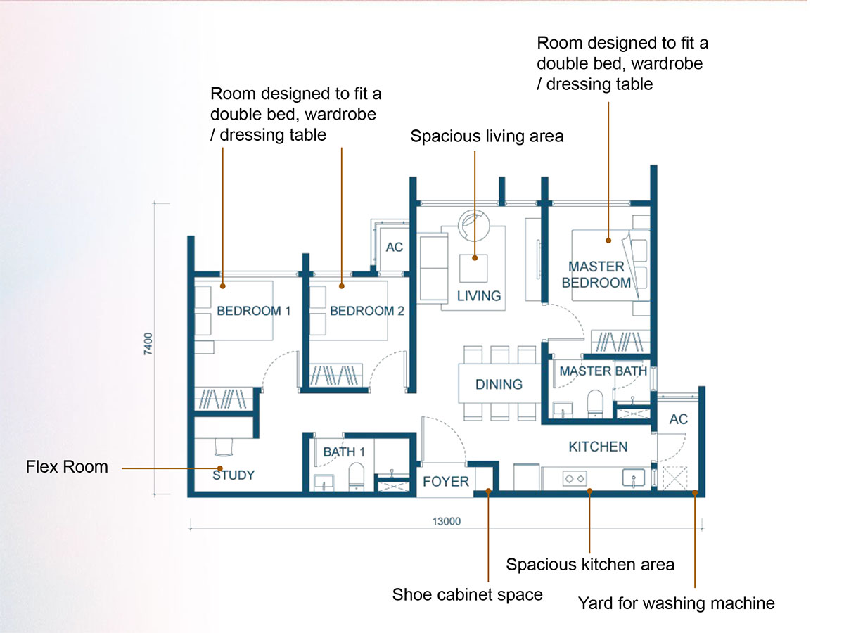 Aricia Type C 872sf 3+1 Bedroom Floor Plan